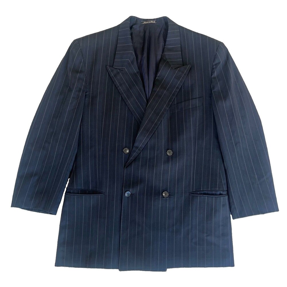 Giorgio Armani Vintage 80’s Men’s Double Breasted Navy Striped Suit Jacket 46S